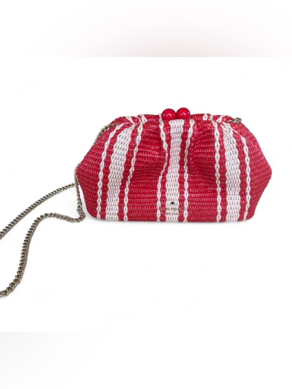 kate spade Red and White Straw Stripe Clutch with Chain Strap